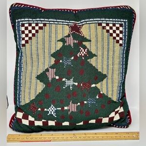 Christmas Tree Tapestry Throw Pillow Checkered Patchwork Design Approx 11 x 11